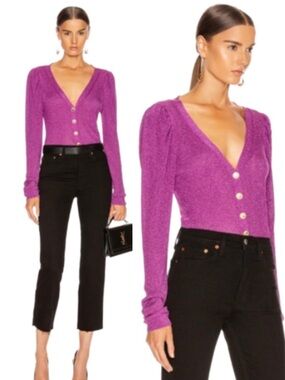 Caroline Constas Purple Long Sleeve Cardigan Glitter Sparkly Puff Sleeve